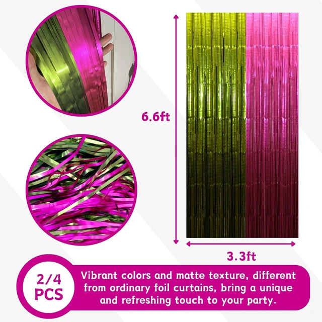 Alt view image 2 of 7 - Hot Pink Lime Green Foil Fringe Curtains 4 Pack, Party Backdrop Matte 3.3 x 6.6 ft Each Pink & Green Party Backdrop Indoor Wall, Doorway & Photo Booth Decor