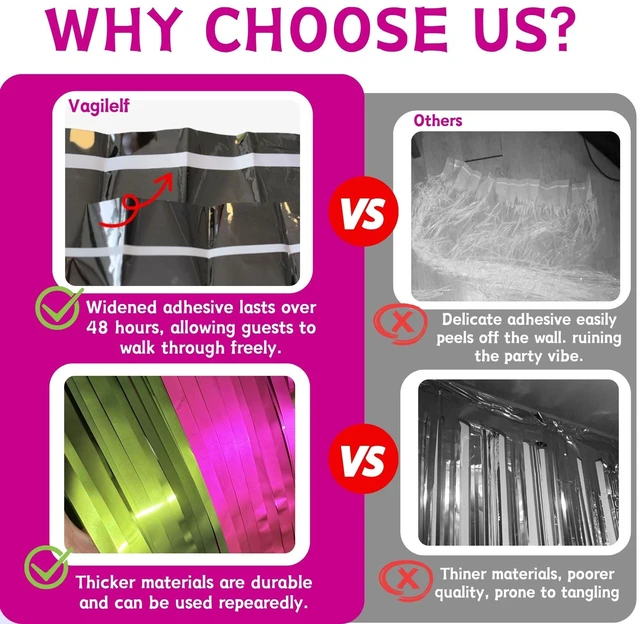 Alt view image 3 of 7 - Hot Pink Lime Green Foil Fringe Curtains 4 Pack, Party Backdrop Matte 3.3 x 6.6 ft Each Pink & Green Party Backdrop Indoor Wall, Doorway & Photo Booth Decor