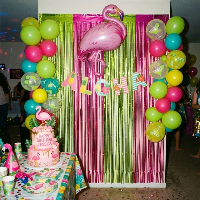 Alt view image 6 of 7 - Hot Pink Lime Green Foil Fringe Curtains 4 Pack, Party Backdrop Matte 3.3 x 6.6 ft Each Pink & Green Party Backdrop Indoor Wall, Doorway & Photo Booth Decor