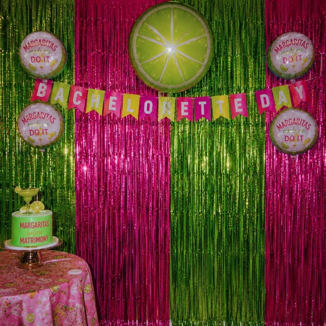 Alt view image 7 of 7 - Hot Pink Lime Green Foil Fringe Curtains 4 Pack, Party Backdrop Matte 3.3 x 6.6 ft Each Pink & Green Party Backdrop Indoor Wall, Doorway & Photo Booth Decor