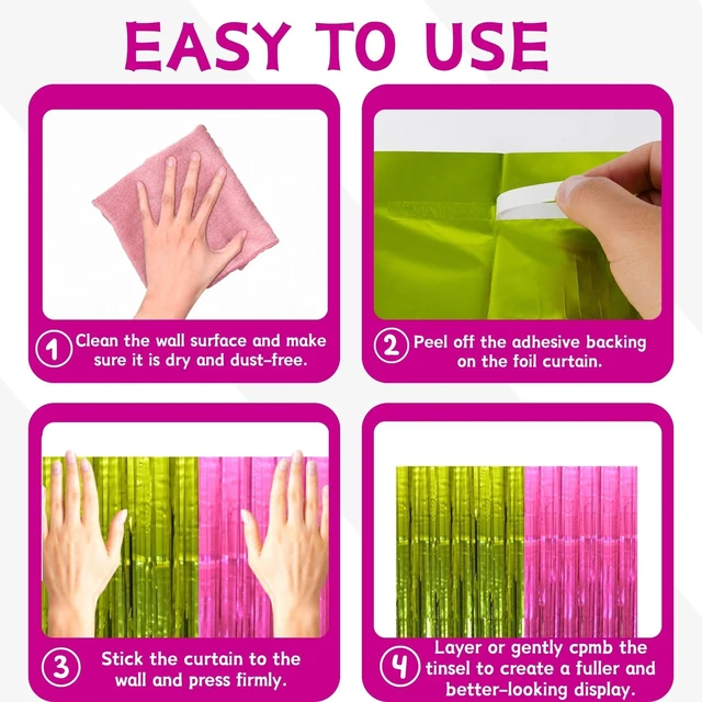 Alt view image 5 of 7 - Hot Pink Lime Green Foil Fringe Curtains 4 Pack, Party Backdrop Matte 3.3 x 6.6 ft Each Pink & Green Party Backdrop Indoor Wall, Doorway & Photo Booth Decor