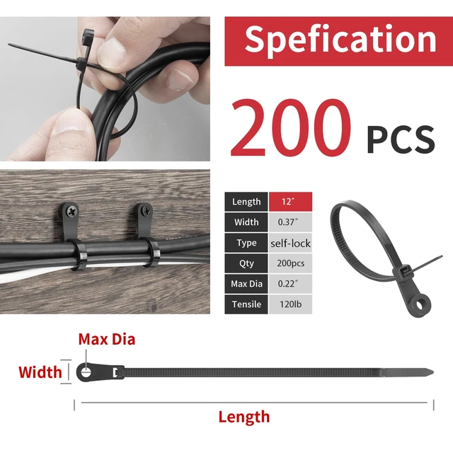 Alt view image 2 of 7 - 12 Inch Mountable Head Zip Ties with Screw Hole 200 Pcs, 120 LBS Mountable Head Cable Ties, UV Resistant, Wire Ties, Self-Locking ties for Indoor Outdoor Cable Management