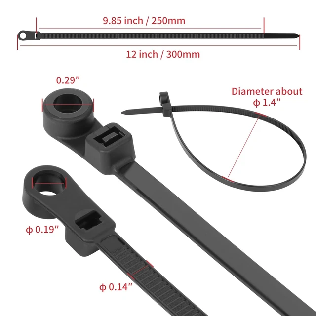 Alt view image 4 of 7 - 12 Inch Mountable Head Zip Ties with Screw Hole 200 Pcs, 120 LBS Mountable Head Cable Ties, UV Resistant, Wire Ties, Self-Locking ties for Indoor Outdoor Cable Management
