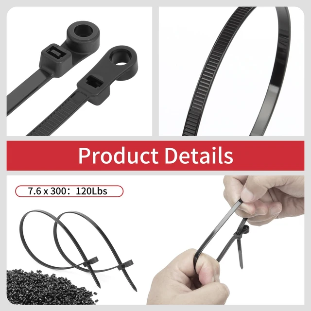 Alt view image 3 of 7 - 12 Inch Mountable Head Zip Ties with Screw Hole 200 Pcs, 120 LBS Mountable Head Cable Ties, UV Resistant, Wire Ties, Self-Locking ties for Indoor Outdoor Cable Management