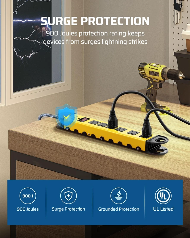 Alt view image 3 of 7 - Metal Power Strip, 6 Outlet Heavy Duty Surge Protector 6FT Cord, 14AWG/3C, 15A Circuit Breaker, 900 Joules, Low Profile Flat Plug for Workshop, Wall Mountable, UL Listed