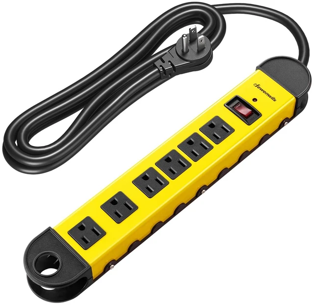 Main image of Metal Power Strip, 6 Outlet Heavy Duty Surge Protector 6FT Cord, 14AWG/3C, 15A Circuit Breaker, 900 Joules, Low Profile Flat Plug for Workshop, Wall Mountable, UL Listed