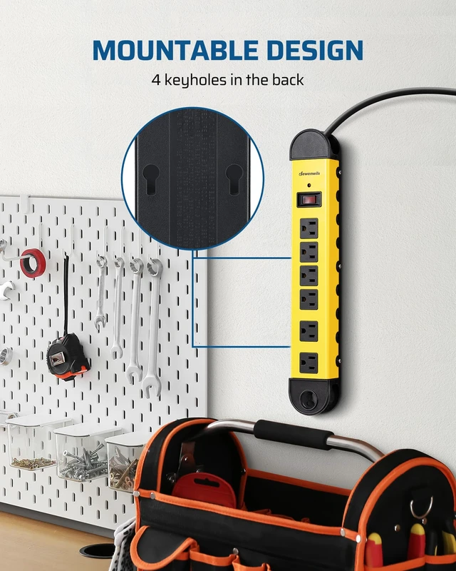 Alt view image 6 of 7 - Metal Power Strip, 6 Outlet Heavy Duty Surge Protector 6FT Cord, 14AWG/3C, 15A Circuit Breaker, 900 Joules, Low Profile Flat Plug for Workshop, Wall Mountable, UL Listed