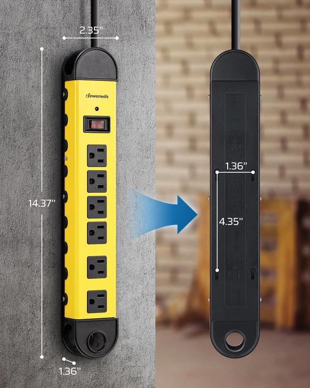Alt view image 7 of 7 - Metal Power Strip, 6 Outlet Heavy Duty Surge Protector 6FT Cord, 14AWG/3C, 15A Circuit Breaker, 900 Joules, Low Profile Flat Plug for Workshop, Wall Mountable, UL Listed