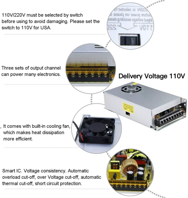 Alt view image 7 of 7 - 20A 250W 12V DC Power Supply, Universal Regulated Switching AC 110V/220V to DC Converter (SMPS) Transformer Driver Adapter for LED Strip Lights, CCTV Camera System, 3D Printer, Radio, Computer Project