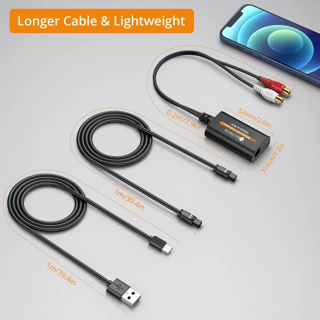 Alt view image 7 of 7 - Optical to RCA Cable DAC Converter with Built-in Audio Amplifier Chipset 192kHz SPDIF to RCA Digital to Analog Converter for HDTV Blue-ray PS4 etc.-Female Output