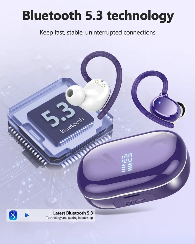 Alt view image 6 of 7 - Wireless Bluetooth Earbuds Sport 128H Playtime Bluetooth 5.3 Headphones with LED Display Powerful Bass Over Ear Earphones with Earhooks IP7 Waterproof
