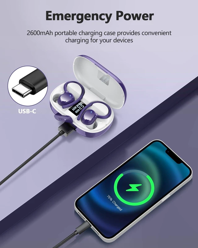 Alt view image 7 of 7 - Wireless Bluetooth Earbuds Sport 128H Playtime Bluetooth 5.3 Headphones with LED Display Powerful Bass Over Ear Earphones with Earhooks IP7 Waterproof