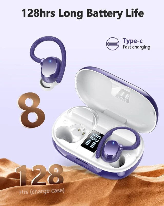 Alt view image 2 of 7 - Wireless Bluetooth Earbuds Sport 128H Playtime Bluetooth 5.3 Headphones with LED Display Powerful Bass Over Ear Earphones with Earhooks IP7 Waterproof