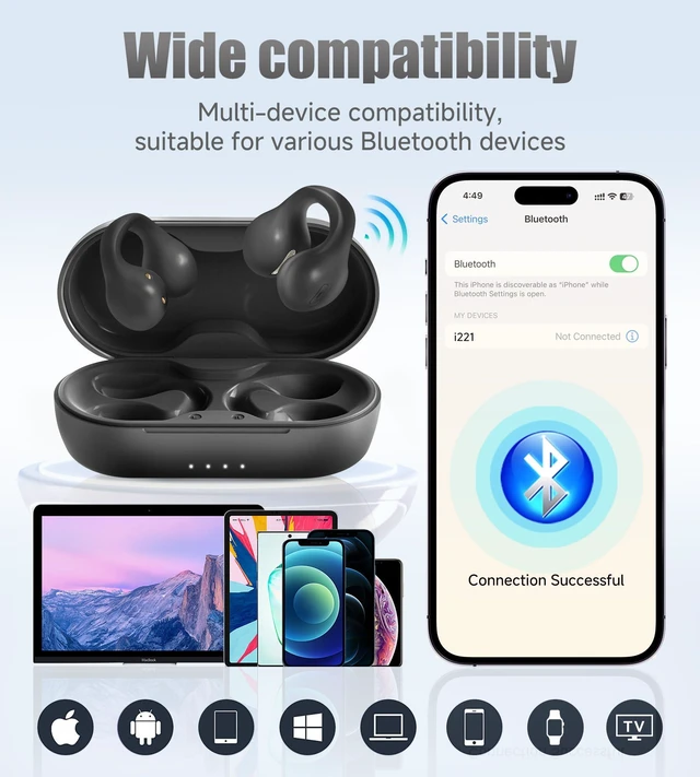 Alt view image 7 of 7 - King Lucky i21 Open Ear Clip On Earbuds Wireless Bluetooth Ear Clip Headphones with Mic,Noise Cancelling, Waterproof IPX4,for Small Ears,Perfect for Running,Sports,Glasses Wearers (Black)