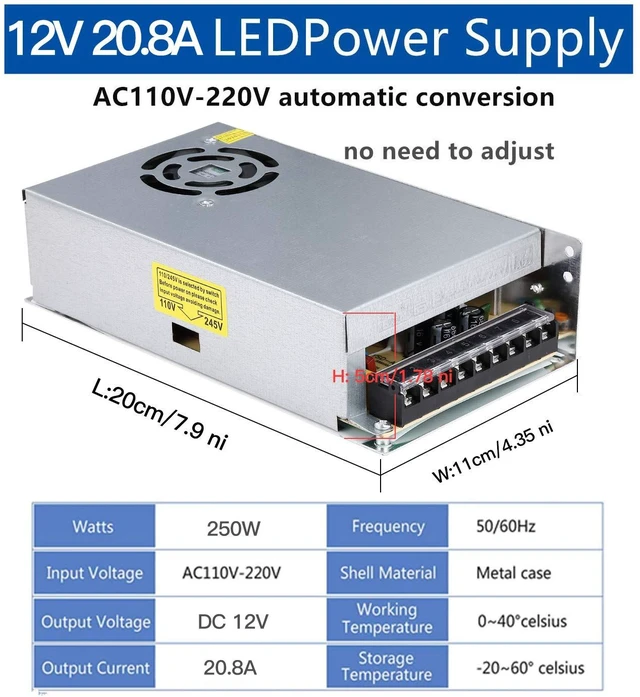 Alt view image 5 of 7 - 20A 250W 12V DC Power Supply, Universal Regulated Switching AC 110V/220V to DC Converter (SMPS) Transformer Driver Adapter for LED Strip Lights, CCTV Camera System, 3D Printer, Radio, Computer Project