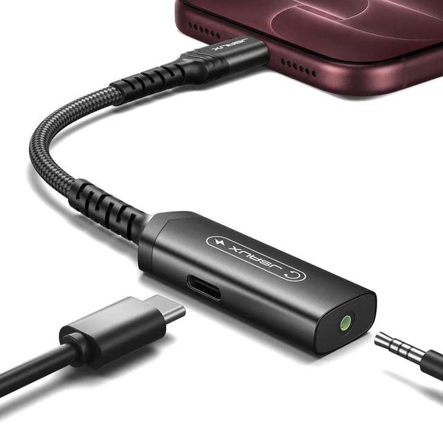 Main image of USB C to 3.5mm Headphone Charger Adapter, 2-in-1 PD 60W AUX PC-Black USB C to 3.5mm Headphone and Charger Adapter,2in1 AUX Mic Jack,PD 60W Fast Charging,for iPhone18/17/16,iPhone Duo,Galaxy S26