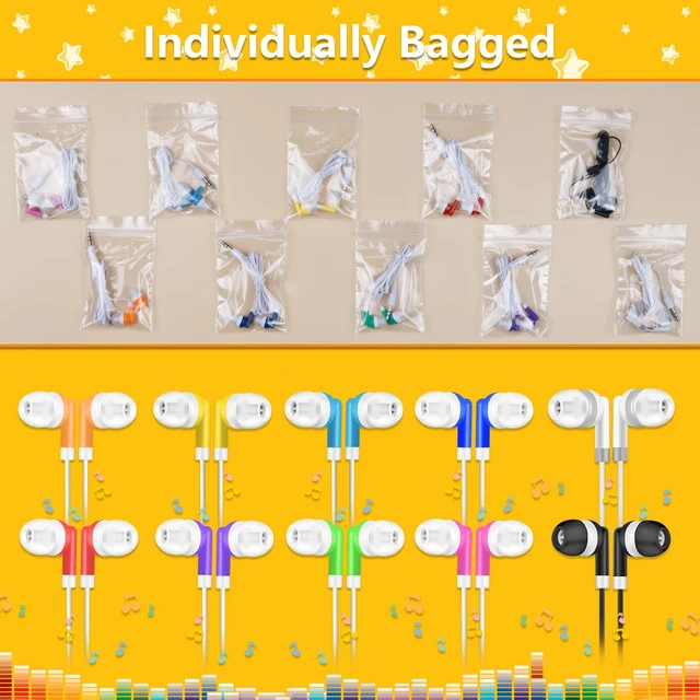 Alt view image 5 of 6 - Kids Bulk Earbuds 200 Pack Wholesale Earbuds Headphones Bulk Perfect for School Classroom Libraries Students Multi Colored Individually Bagged 3.5mm Jack (10 Colors Mixed)