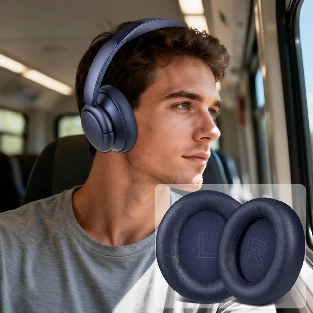 Alt view image 5 of 7 - Earpads Replacement for Anker Soundcore Life Q30/Q30i/Q35 Headphones, Ear Pads Cushions with Softer Protein Leather, Noise Isolation Foam - Blue