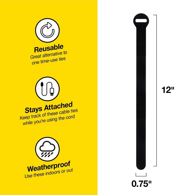 Alt view image 5 of 5 - Self-Gripping Cable Ties by - 12" (20-pack) Black Reusable Hook and Loop Cord Organizer Cable Ties for Cord Management and Desk or Office Organization