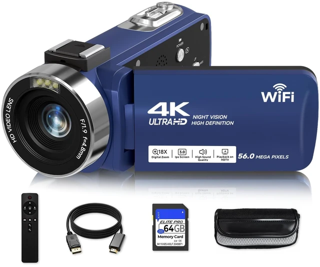 Main image of Video Camera, 4K Camcorder 56MP Digital Video Recorder 18X Zoom 3" 270° Rotation Touchscreen IR Night Vision, Wifi Vlogging Camera for YouTube 64GB Card Anti-Shake Remote Control Camera Bag Lens Cap