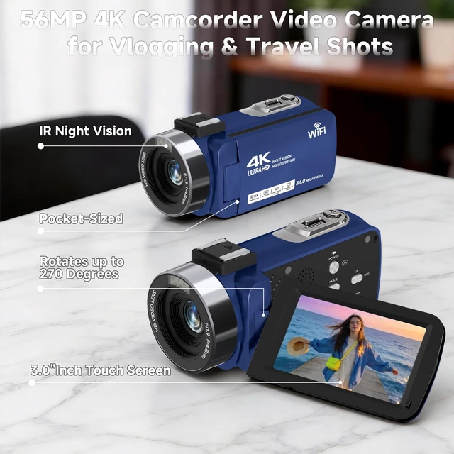 Alt view image 3 of 7 - Video Camera, 4K Camcorder 56MP Digital Video Recorder 18X Zoom 3" 270° Rotation Touchscreen IR Night Vision, Wifi Vlogging Camera for YouTube 64GB Card Anti-Shake Remote Control Camera Bag Lens Cap