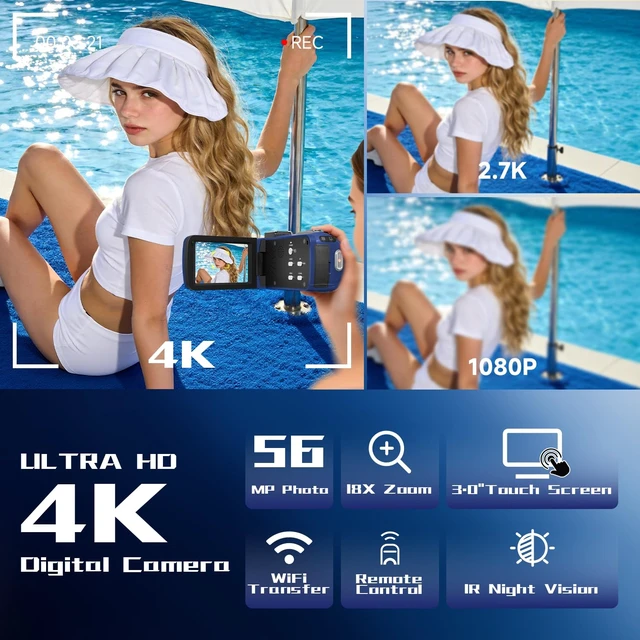 Alt view image 2 of 7 - Video Camera, 4K Camcorder 56MP Digital Video Recorder 18X Zoom 3" 270° Rotation Touchscreen IR Night Vision, Wifi Vlogging Camera for YouTube 64GB Card Anti-Shake Remote Control Camera Bag Lens Cap