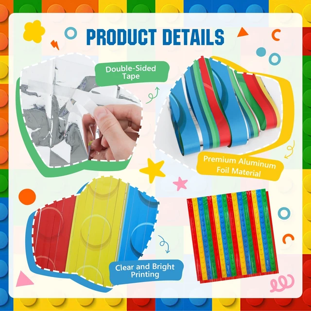 Alt view image 3 of 7 - 4Pack Building Block Foil Fringe Backdrop Building Block Party Decorations 3.3X6.6Ft Foil Fringe Backdrop,Rainbow Tinsel Backdrop,Self Adhesive Streamer,Birthday Party Decor Favors,Photo Prop Supplies