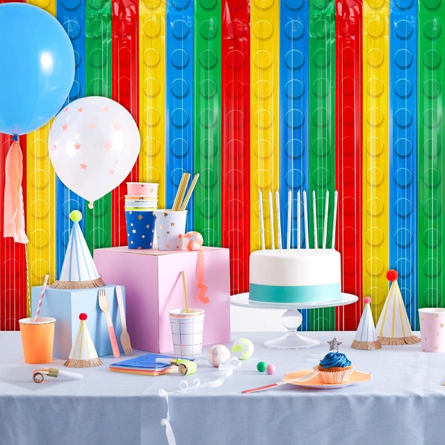 Alt view image 5 of 7 - 4Pack Building Block Foil Fringe Backdrop Building Block Party Decorations 3.3X6.6Ft Foil Fringe Backdrop,Rainbow Tinsel Backdrop,Self Adhesive Streamer,Birthday Party Decor Favors,Photo Prop Supplies