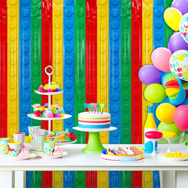 Alt view image 6 of 7 - 4Pack Building Block Foil Fringe Backdrop Building Block Party Decorations 3.3X6.6Ft Foil Fringe Backdrop,Rainbow Tinsel Backdrop,Self Adhesive Streamer,Birthday Party Decor Favors,Photo Prop Supplies