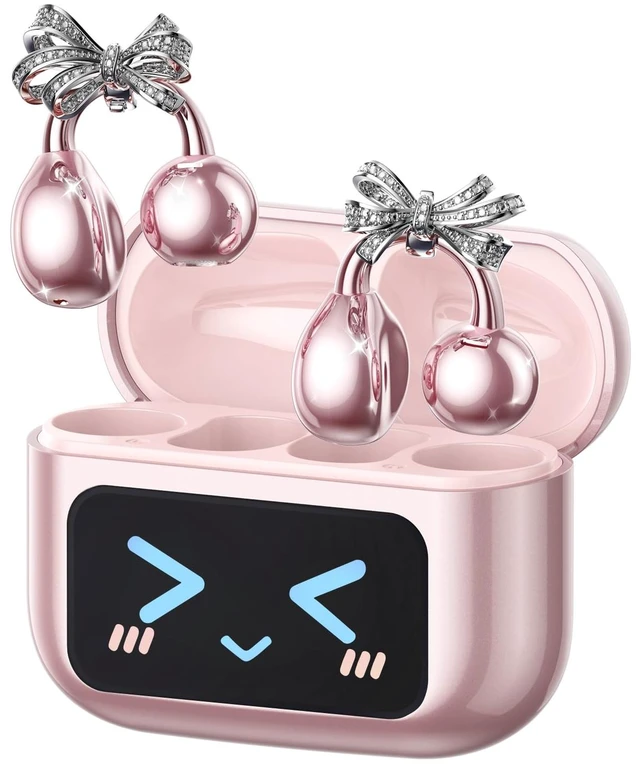 Main image of Stylish Open Ear Clip On Earbuds with Removable Butterfly Earring, Clip On Headphones with LCD Touch Screen, Fashionables Open Ear Headphones for Women, Bow Tie Earring Rose Gold Earbuds M100