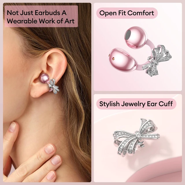 Alt view image 2 of 7 - Stylish Open Ear Clip On Earbuds with Removable Butterfly Earring, Clip On Headphones with LCD Touch Screen, Fashionables Open Ear Headphones for Women, Bow Tie Earring Rose Gold Earbuds M100