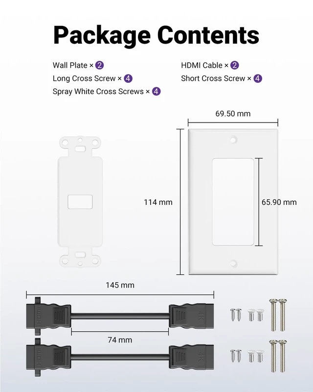 Alt view image 7 of 7 - 4K HDMI Outlet Wall Plate 1-Port, with Pigtail Cable, 2 Pack Supports 4K@60 Hz HDR ARC, HDMI Outlet for Home Theater, High-Speed, Easy Installation