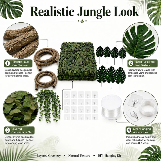 Alt view image 3 of 7 - 88-Piece Jungle Party Decorations, 10 x 13 ft Rainforest Backdrop with Faux Vines, Monstera Leaves & 24 Ivy Vines for Safari Birthdays and Classroom Decor