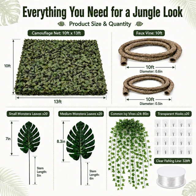 Alt view image 2 of 7 - 88-Piece Jungle Party Decorations, 10 x 13 ft Rainforest Backdrop with Faux Vines, Monstera Leaves & 24 Ivy Vines for Safari Birthdays and Classroom Decor