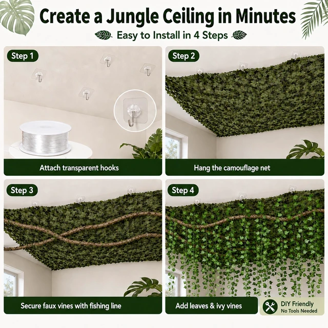 Alt view image 4 of 7 - 88-Piece Jungle Party Decorations, 10 x 13 ft Rainforest Backdrop with Faux Vines, Monstera Leaves & 24 Ivy Vines for Safari Birthdays and Classroom Decor