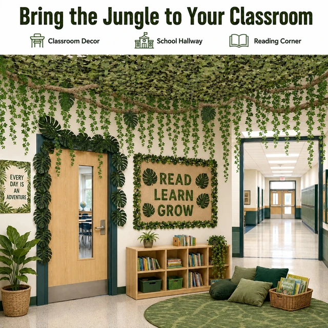 Alt view image 5 of 7 - 88-Piece Jungle Party Decorations, 10 x 13 ft Rainforest Backdrop with Faux Vines, Monstera Leaves & 24 Ivy Vines for Safari Birthdays and Classroom Decor