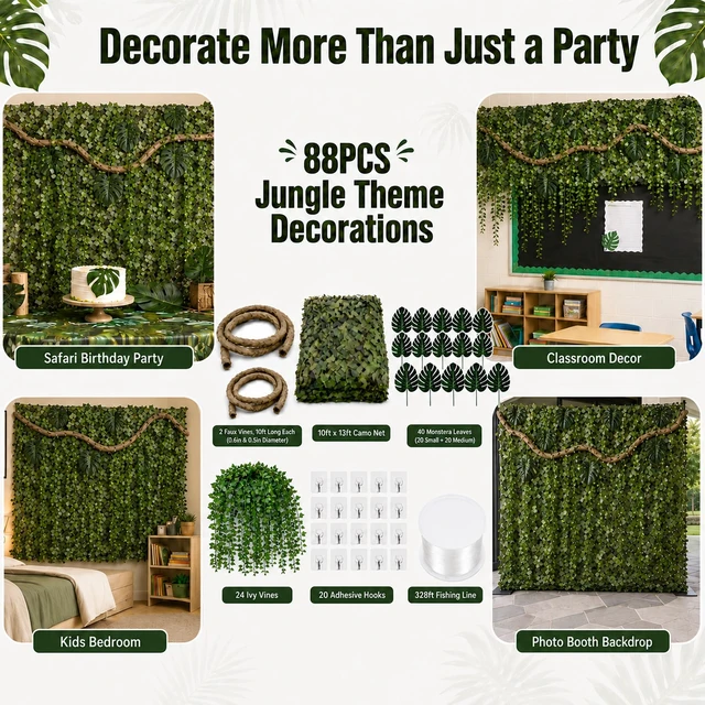 Alt view image 7 of 7 - 88-Piece Jungle Party Decorations, 10 x 13 ft Rainforest Backdrop with Faux Vines, Monstera Leaves & 24 Ivy Vines for Safari Birthdays and Classroom Decor