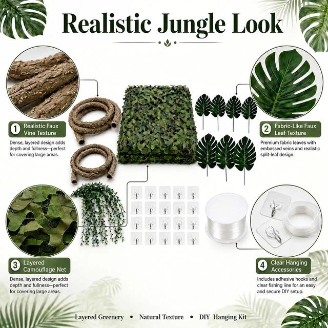 Alt view image 3 of 7 - 84-Piece Jungle Party Decorations, 10 x 13 ft Rainforest Backdrop with Faux Vines, Monstera Leaves & 20 Willow Vines for Safari Birthdays and Classroom Decor