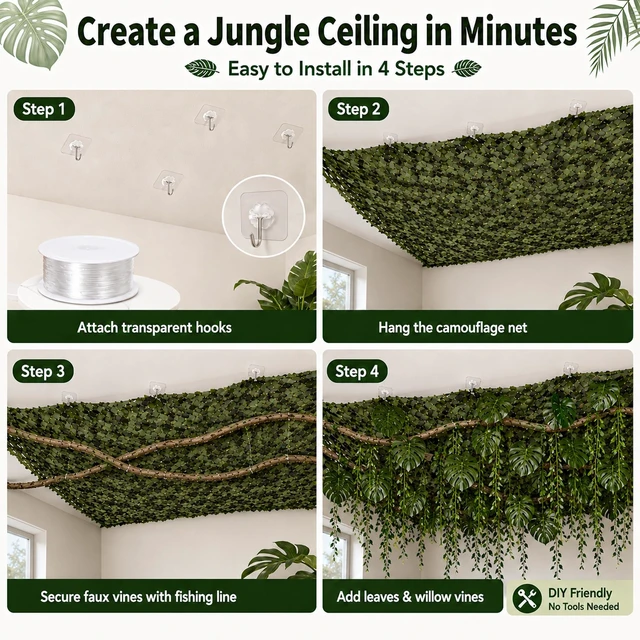 Alt view image 4 of 7 - 84-Piece Jungle Party Decorations, 10 x 13 ft Rainforest Backdrop with Faux Vines, Monstera Leaves & 20 Willow Vines for Safari Birthdays and Classroom Decor