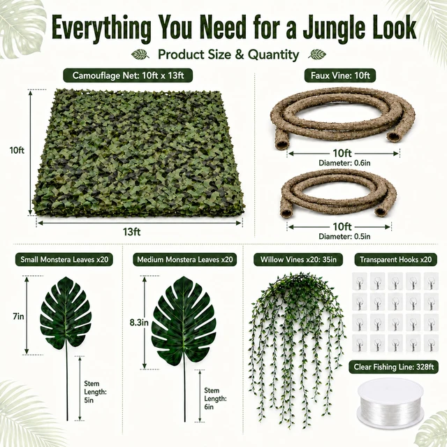 Alt view image 2 of 7 - 84-Piece Jungle Party Decorations, 10 x 13 ft Rainforest Backdrop with Faux Vines, Monstera Leaves & 20 Willow Vines for Safari Birthdays and Classroom Decor