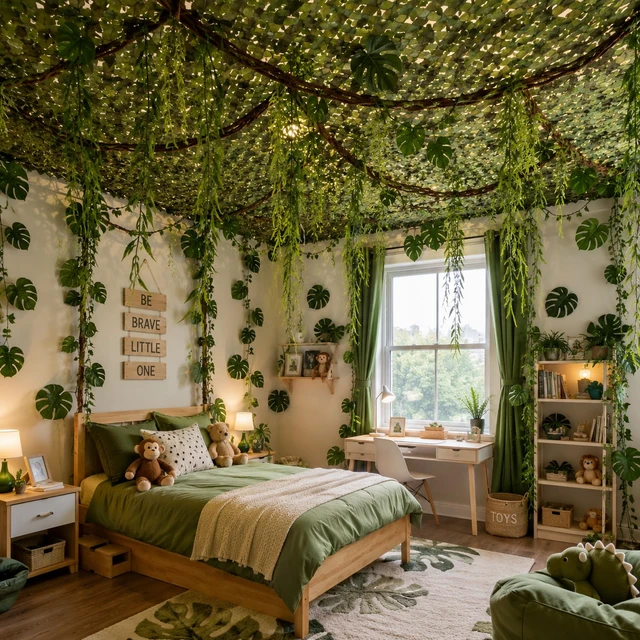 Alt view image 6 of 7 - 84-Piece Jungle Party Decorations, 10 x 13 ft Rainforest Backdrop with Faux Vines, Monstera Leaves & 20 Willow Vines for Safari Birthdays and Classroom Decor
