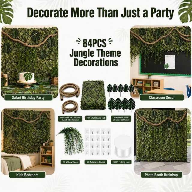 Alt view image 7 of 7 - 84-Piece Jungle Party Decorations, 10 x 13 ft Rainforest Backdrop with Faux Vines, Monstera Leaves & 20 Willow Vines for Safari Birthdays and Classroom Decor