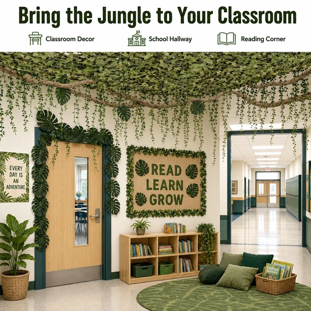 Alt view image 5 of 7 - 84-Piece Jungle Party Decorations, 10 x 13 ft Rainforest Backdrop with Faux Vines, Monstera Leaves & 20 Willow Vines for Safari Birthdays and Classroom Decor