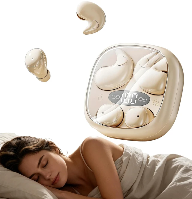 Main image of Flat Sleep Earbuds for Side Sleepers, Invisible Mini Earbuds for Small Ear Canals, Bluetooth 5.4, 66H Battery, Noise Blocking, Waterproof, LED Display for Sleep, Work & TravelBeige