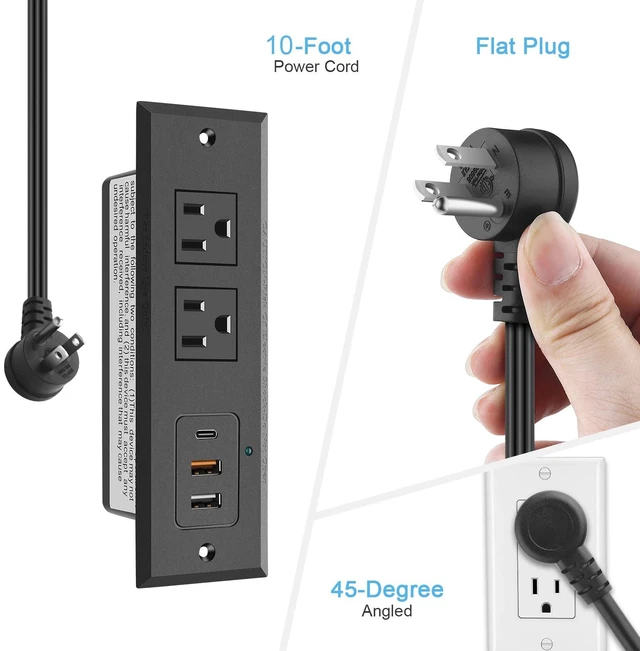 Alt view image 5 of 7 - Recessed Power Strip with 20W USB C Port, Fast Charging USB A Port Desk Outlet, Furniture Hidden Charging Station for Side Table, End Table, with 10 FT 45 Degree Flat Plug Extension Cord