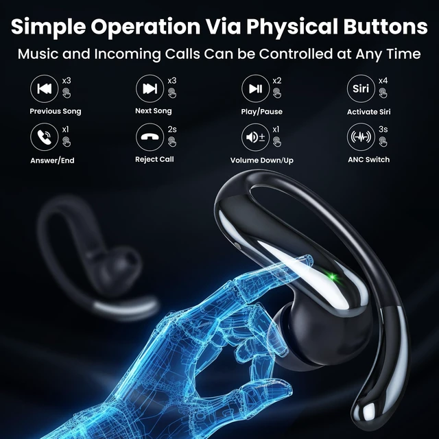 Alt view image 7 of 7 - Active Noise Cancelling Earbuds Wireless Earbuds Bluetooth 6.0 Headphones, Hi-Res Audio Clear Calls Earphones with Over Ear Hooks for Running Gym Workout Travel Black