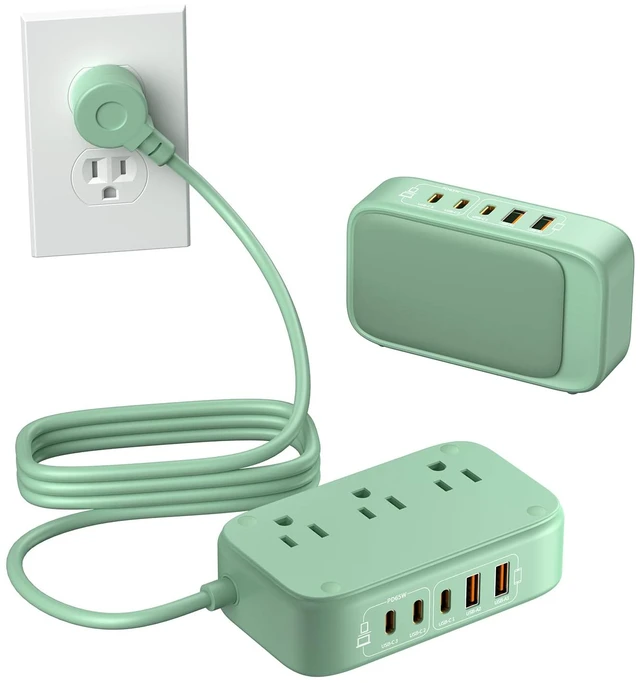 Main image of 8-in-1 Flat Plug Power Strip, 85W PD USB C Desktop Charging Station Green Extension Cord Outlet Extender with 3 AC Outlets, 3 USB-C and 2 USB-A Ports for Laptop/Phone and More