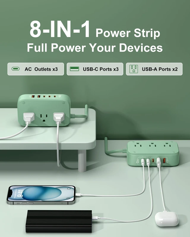 Alt view image 2 of 7 - 8-in-1 Flat Plug Power Strip, 85W PD USB C Desktop Charging Station Green Extension Cord Outlet Extender with 3 AC Outlets, 3 USB-C and 2 USB-A Ports for Laptop/Phone and More