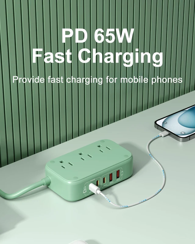 Alt view image 3 of 7 - 8-in-1 Flat Plug Power Strip, 85W PD USB C Desktop Charging Station Green Extension Cord Outlet Extender with 3 AC Outlets, 3 USB-C and 2 USB-A Ports for Laptop/Phone and More