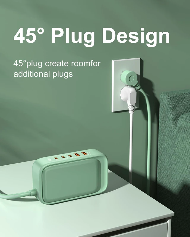 Alt view image 4 of 7 - 8-in-1 Flat Plug Power Strip, 85W PD USB C Desktop Charging Station Green Extension Cord Outlet Extender with 3 AC Outlets, 3 USB-C and 2 USB-A Ports for Laptop/Phone and More